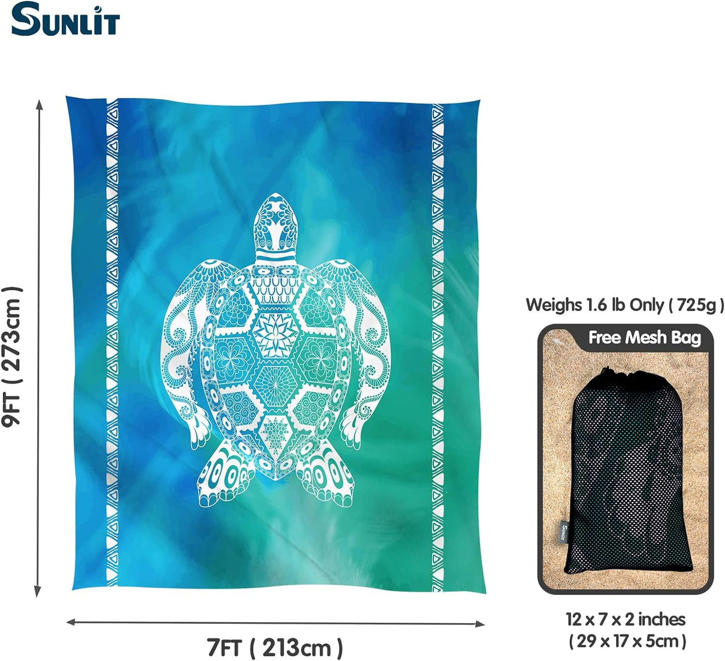 Sunlit 106"x81" Large Soft Sand Poof Beach Blanket with Corner Pockets and Mesh Bag for Beach Party, Travel, Camping and Outdoor Picnic, Light Weight and Portable, Sea Turtle Blue and Purple