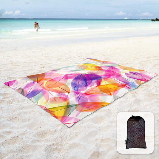 Sunlit 106"x81" Large Soft Sand Poof Beach Blanket with Corner Pockets and Mesh Bag for Beach Party, Travel, Camping and Outdoor Picnic, Light Weight and Portable, Abstract Colorful Feather