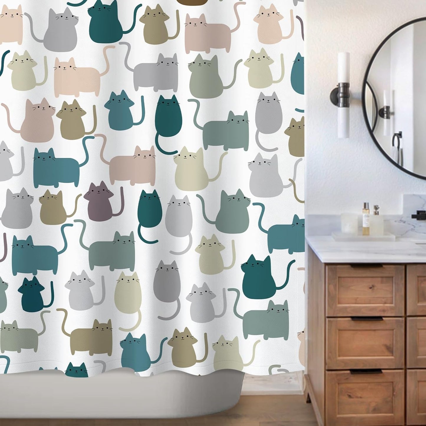 Sunlit Design Lovely Multicolor Cartoon Cats Fabric Shower Curtain, Cute Cats Bathroom Decoration Curtains for Baby Kids Children