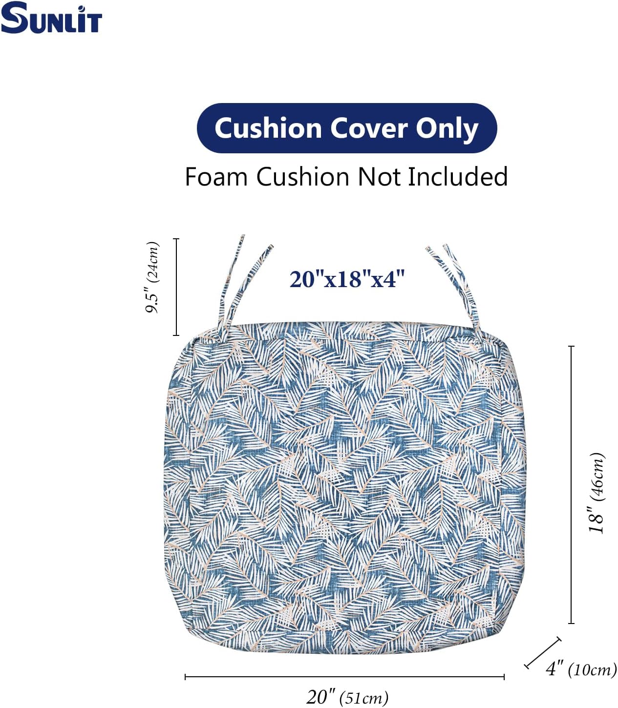 Sunlit Outdoor Cushion Covers, Replacement Cover Only, 4 Pack Water-Repellent Patio Chair Seat Slipcovers with Zipper and Tie, 20" x 18" x 4", Leaf, Blue Yellow