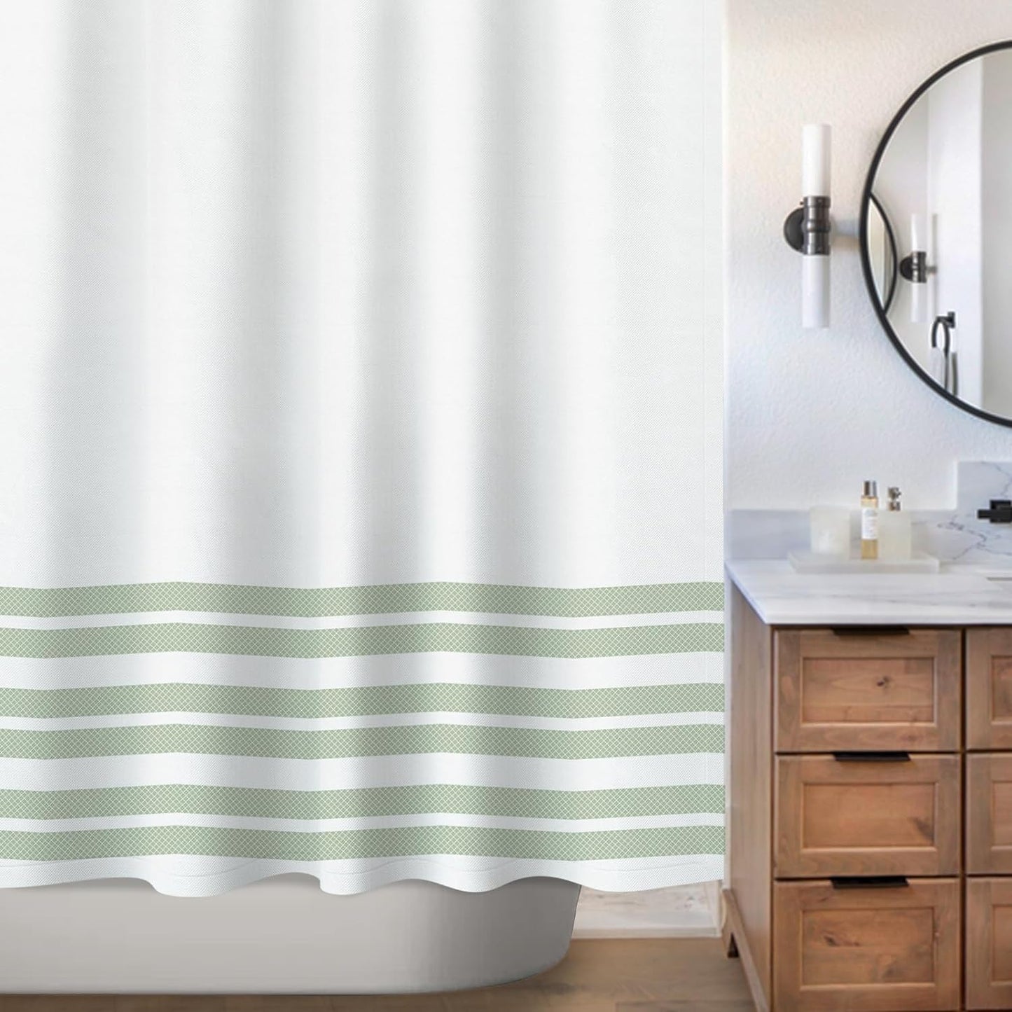 Sunlit Design Double Stripes Fabric Shower Curtain, Light Green Stripes Shower Curtains, Modern Style Refreshing Striped Design Bathroom Decor