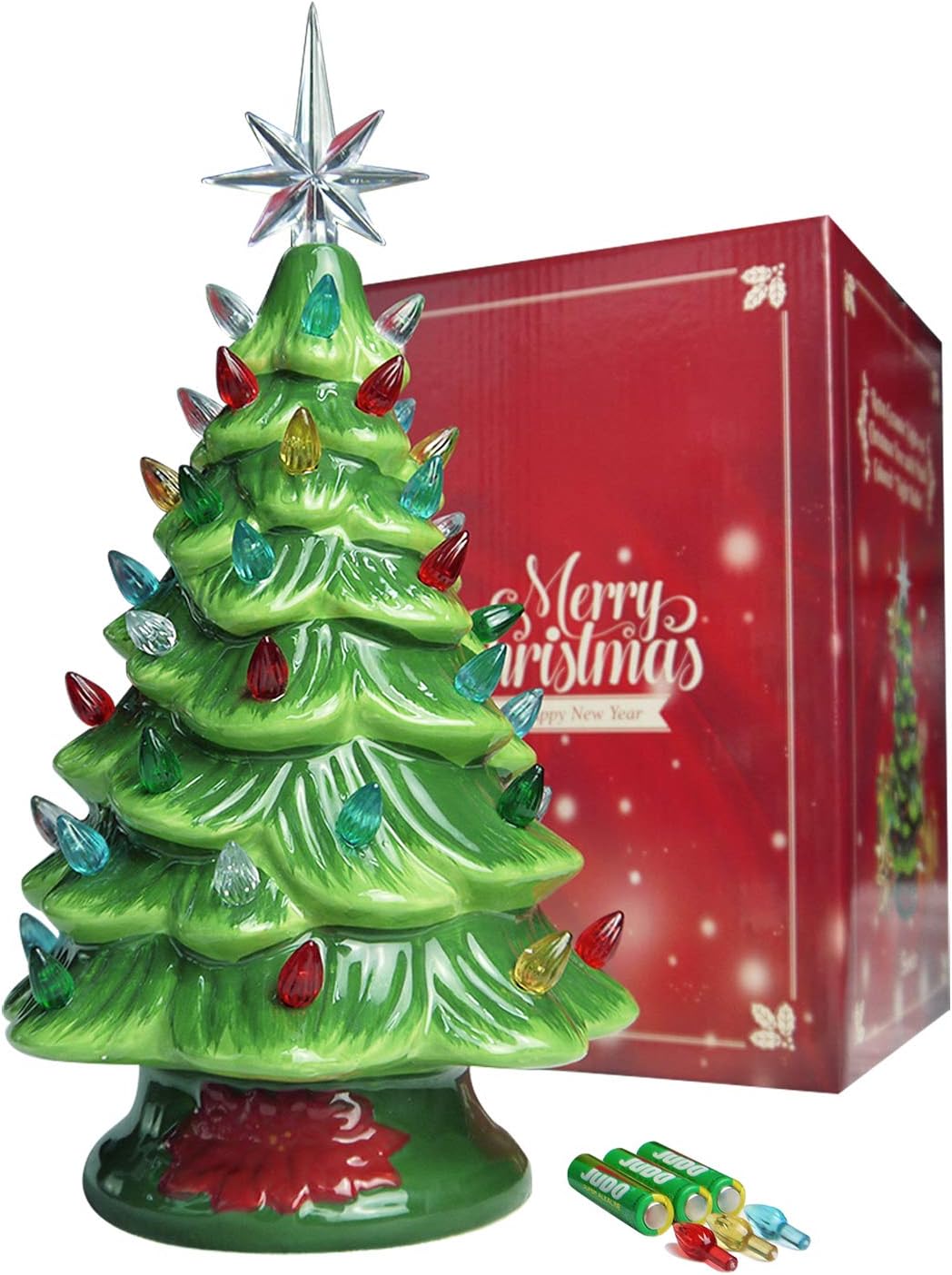 Cordless Lighted Ceramic Christmas Tree Vintage Tabletop Christmas Decoration Pre-Lit Colorful Mini Light Bulbs 13'' Traditional Green AA Battery Operated LED