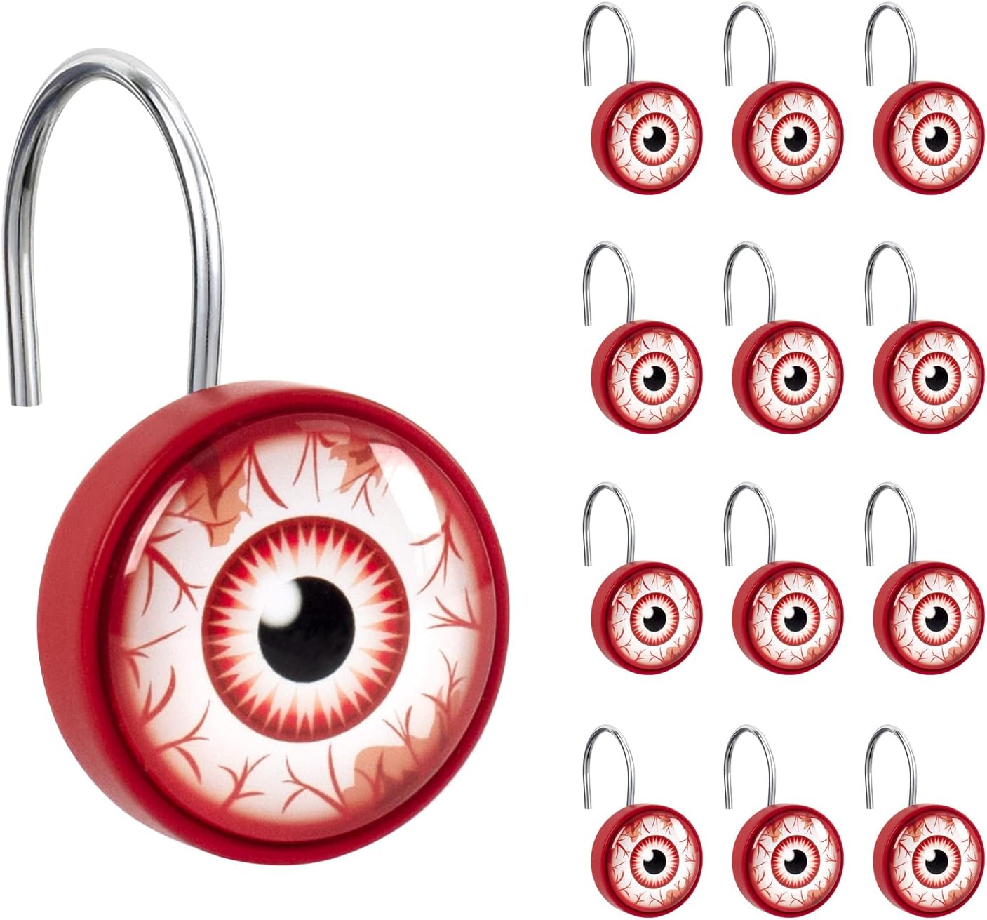 Sunlit Halloween Scary Eye with Bloodshot Round Crystal Glass Decorative Shower Curtain Hooks, Rust Proof Oil Rubbed Metal Shower Curtain Rings-12 Pack