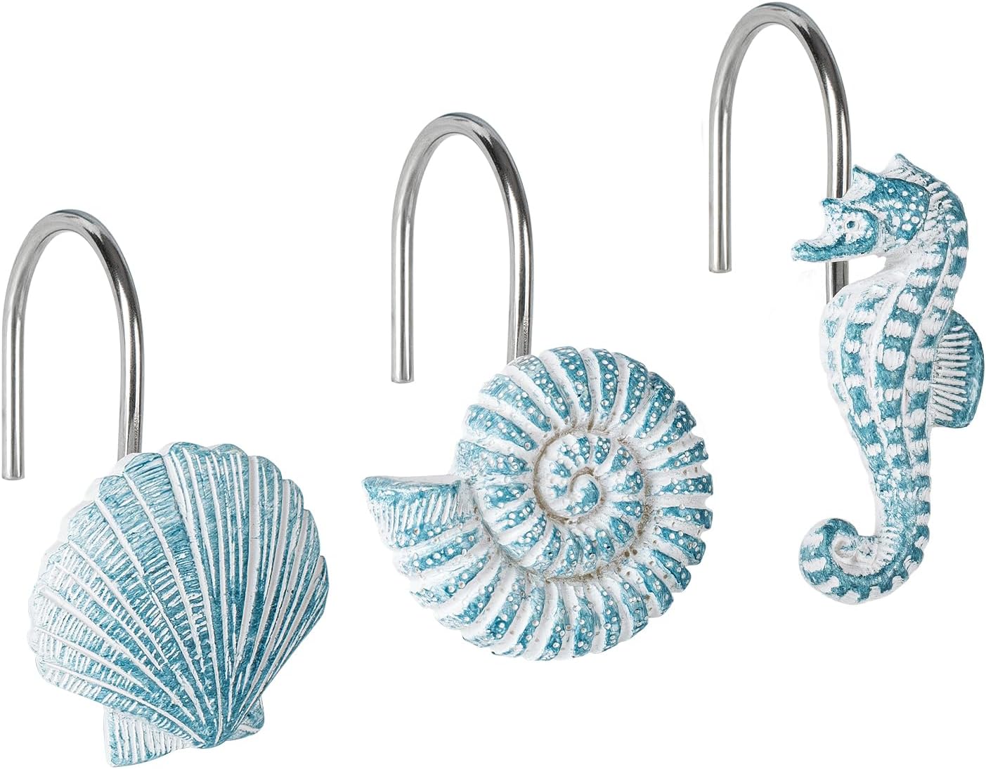 Sunlit Seashells Decorative Shower Curtain Hooks, Blue Ocean Creatures Coastal Shower Curtain Rings, Resin, Nautical Bathroom Decoration Beach Shower Curtain Hooks-12 Pack