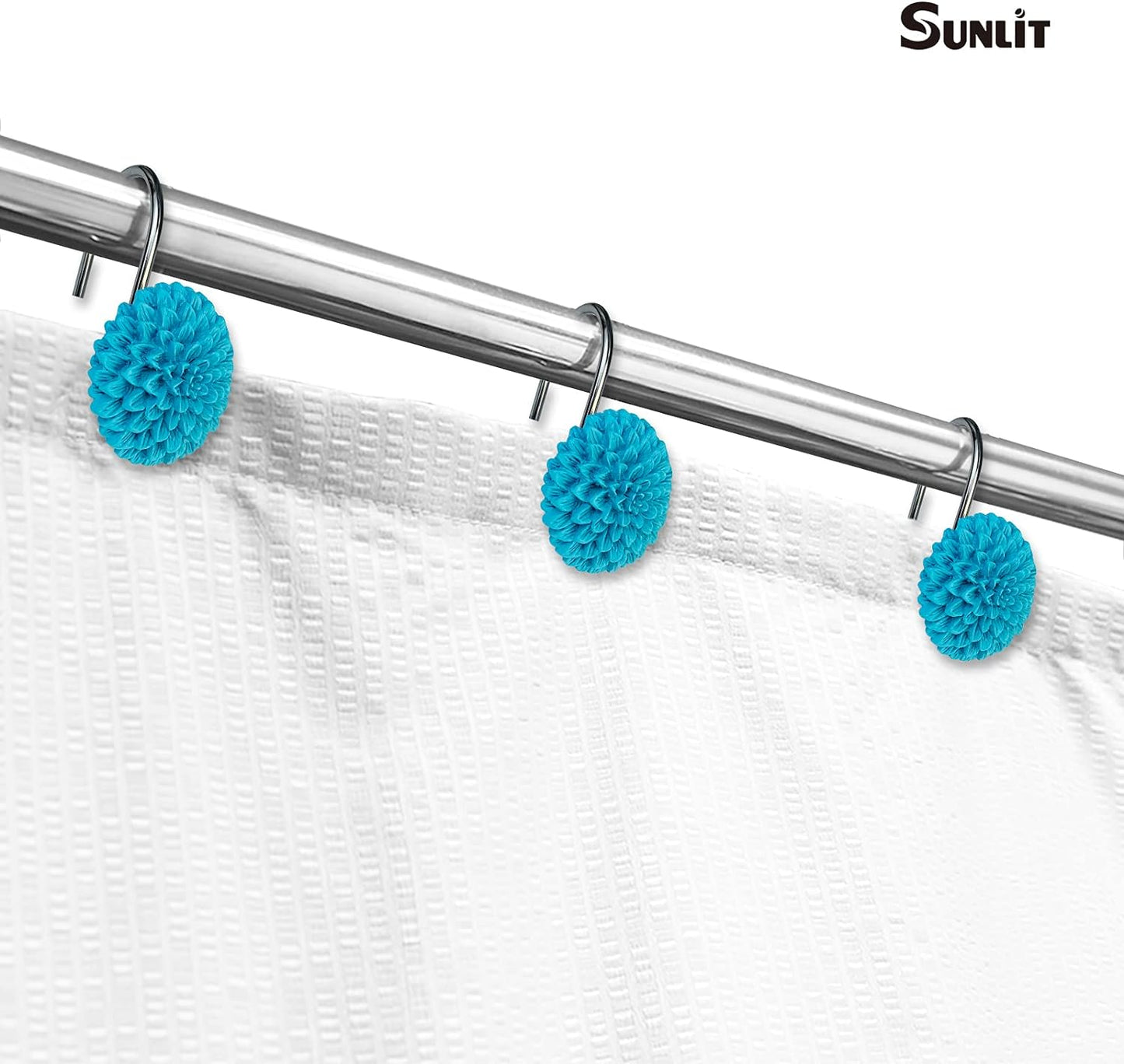 Sunlit Decorative Floral Shower Curtain Hooks, Turquoise Dahlia Pinnata Flower Shower Curtain Rings, Resin, Bathroom Decoration Blue Shower Curtain Hooks-12 Pack