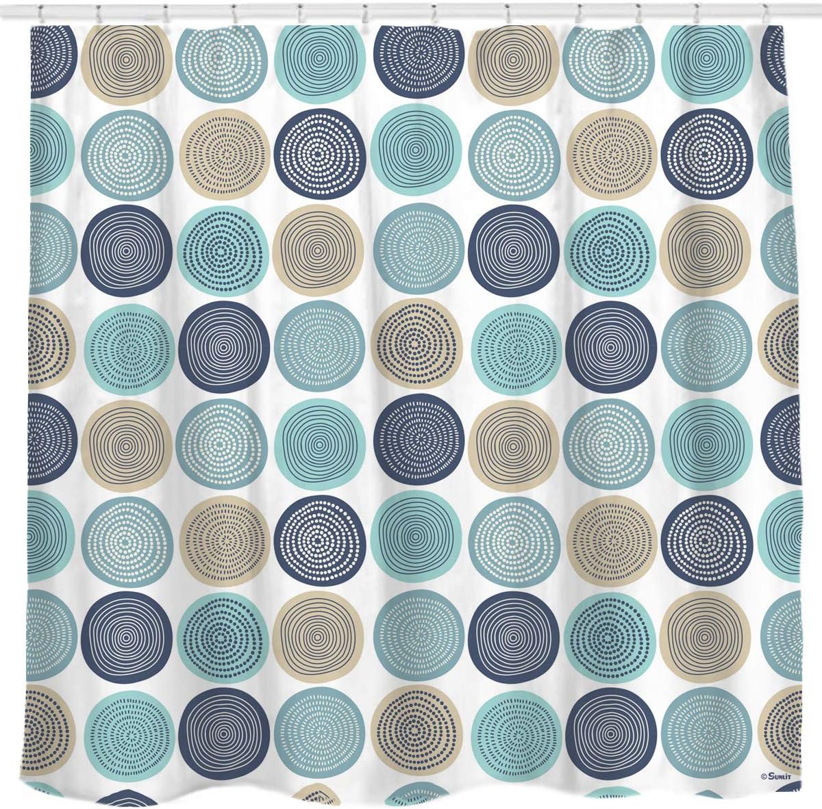 Sunlit Abstract Tree Rings Woody Artistic Fabric Shower Curtain. Nature Pale Blue Teal Beige Light Brown