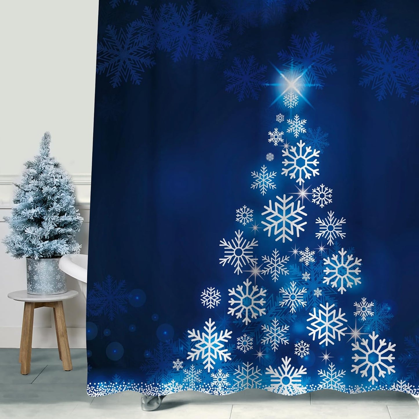 Blue Fluorescent Christmas Snowflake Tree with Dark Blue Background Fabric Shower Curtain, Bathroom Home Office Holiday Wall Decoration as Tapestry and Photo Booth Backdrop