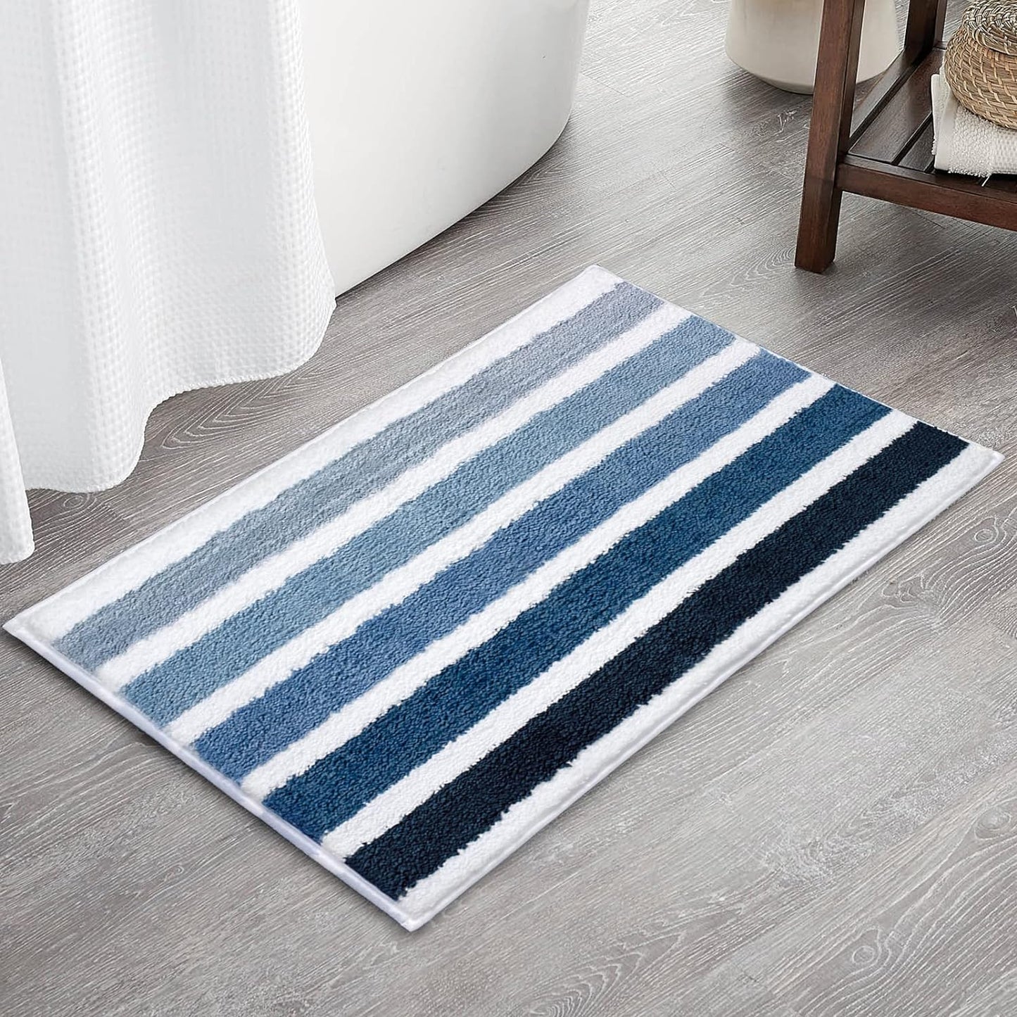 Sunlit Ombre Blue Bathroom Rug Nautical Bath Mat for Bathroom Non Slip 24"x17" Blue and White