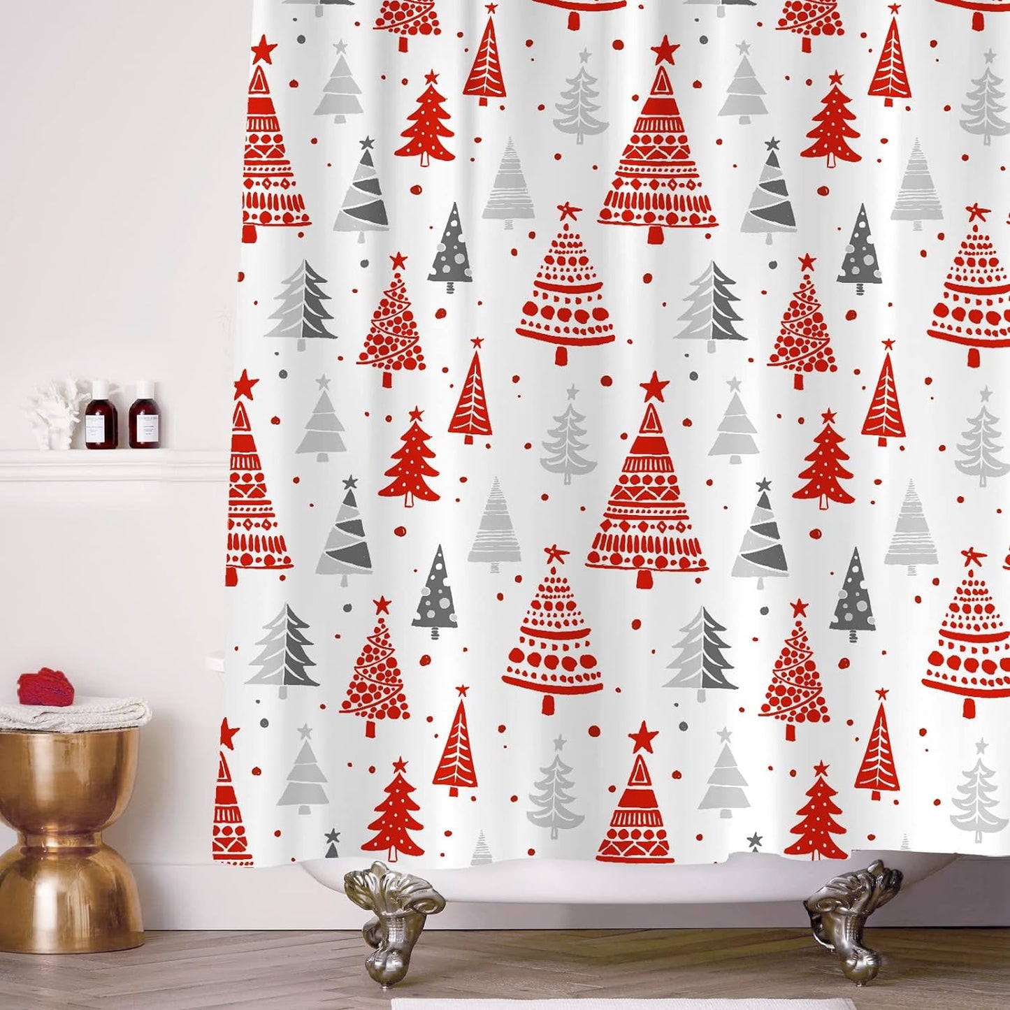 Christmas Shower Curtain, Red and Gray Xmas Trees with Stars and Snow Pattern Shower Curtain for Bathroom Decor, 71x71 Inch