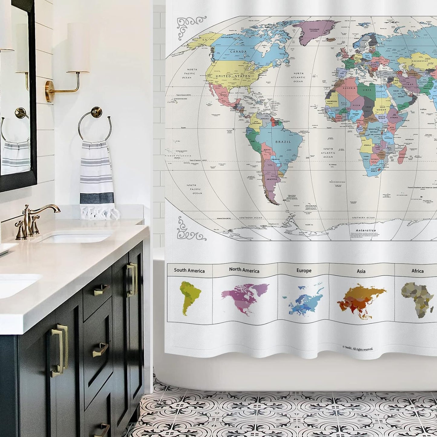 New! Map of The World with Detailed Major Cities. PVC Free, Non-Toxic and Odorless Water Repellent Fabric Shower Curtains - Large Home Decor Wall Map