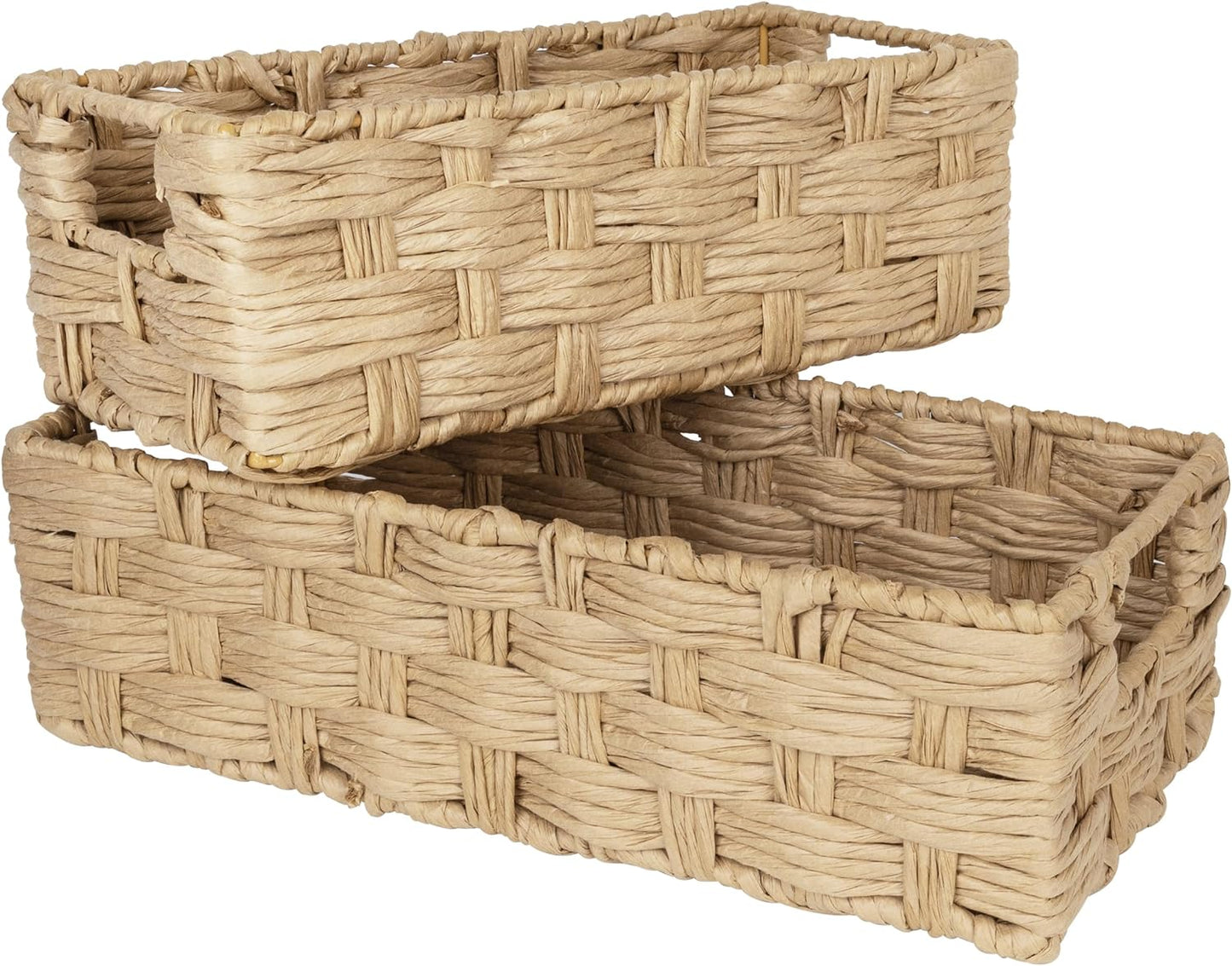Sunlit Natural Fiber Farmhouse Storage Baskets, Hand Woven Bathroom Storage Boxes, Boho Toilet Paper Tank Basket, Decorative Storage Bins for Countertop, Bathroom Organizer Set of 2, Wavy, Beige