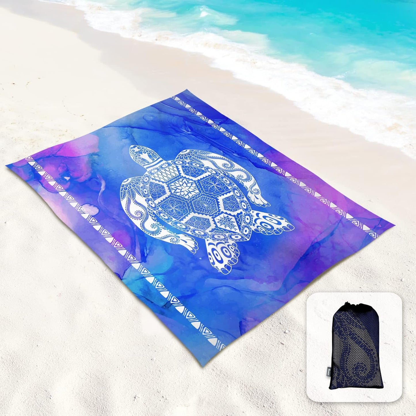 Sunlit 106"x81" Large Soft Sand Poof Beach Blanket with Corner Pockets and Mesh Bag for Beach Party, Travel, Camping and Outdoor Picnic, Light Weight and Portable, Sea Turtle Blue and Purple