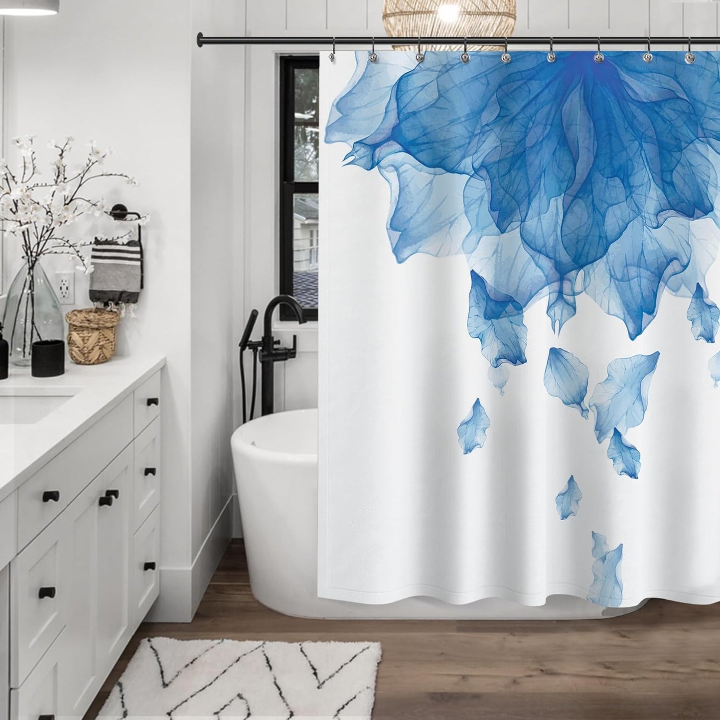 Floral Fabric Shower Curtain, Teal Blue Watercolor Shower Curtain for Bathroom Modern Decor Tapestry