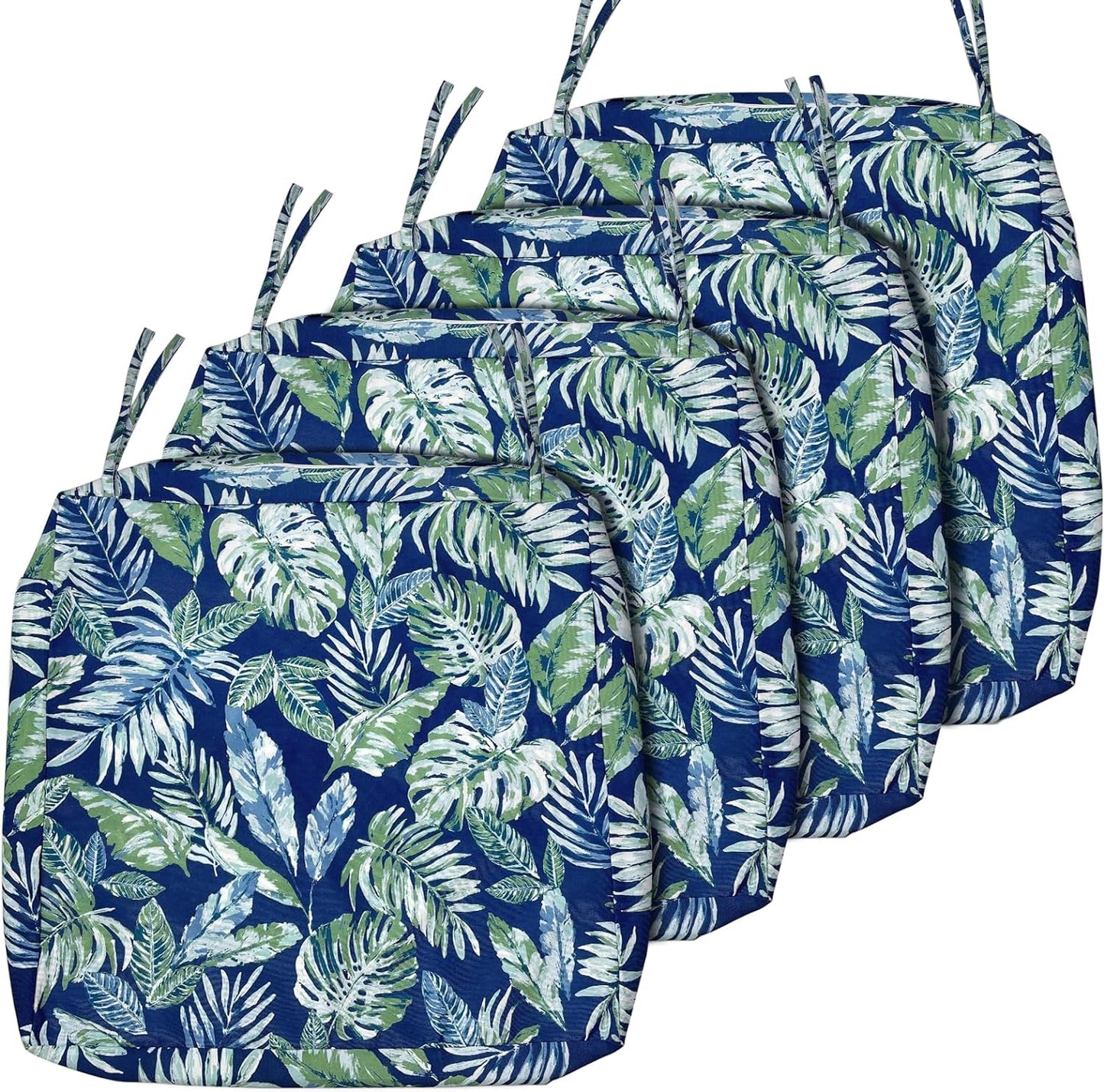 Sunlit Outdoor Cushion Covers 24" x 24" x 4", Replacement Cover Only, 4 Pack Water-Repellent Patio Chair Seat Slipcovers with Zipper and Tie, Tropical Leaf, Blue Green