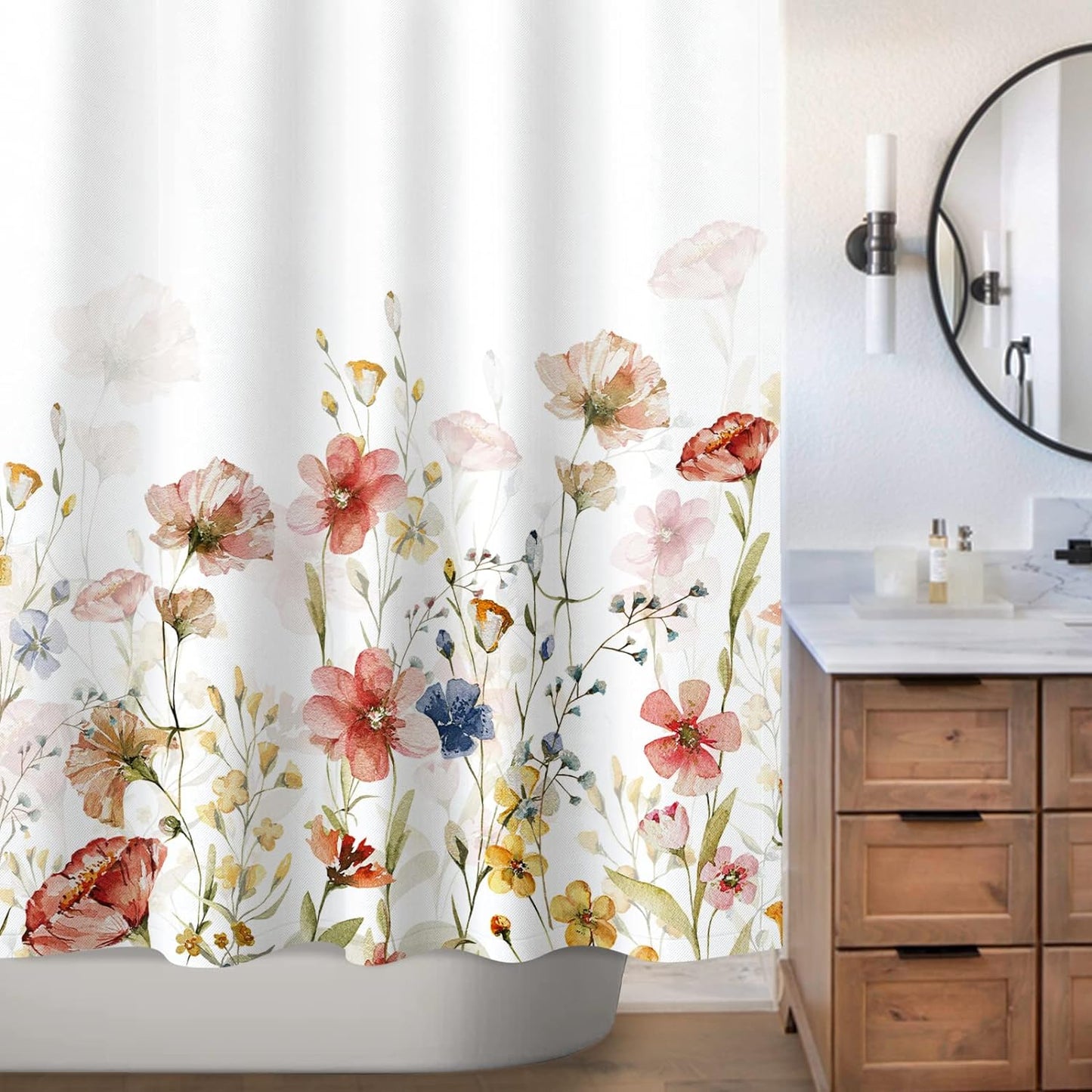 Floral Plant Fabric Shower Curtain, Spring Multi Color Flower Shower Curtains for Home Decor, Botanical Bath Curtain for Bathroom Washable, 71" x 71"