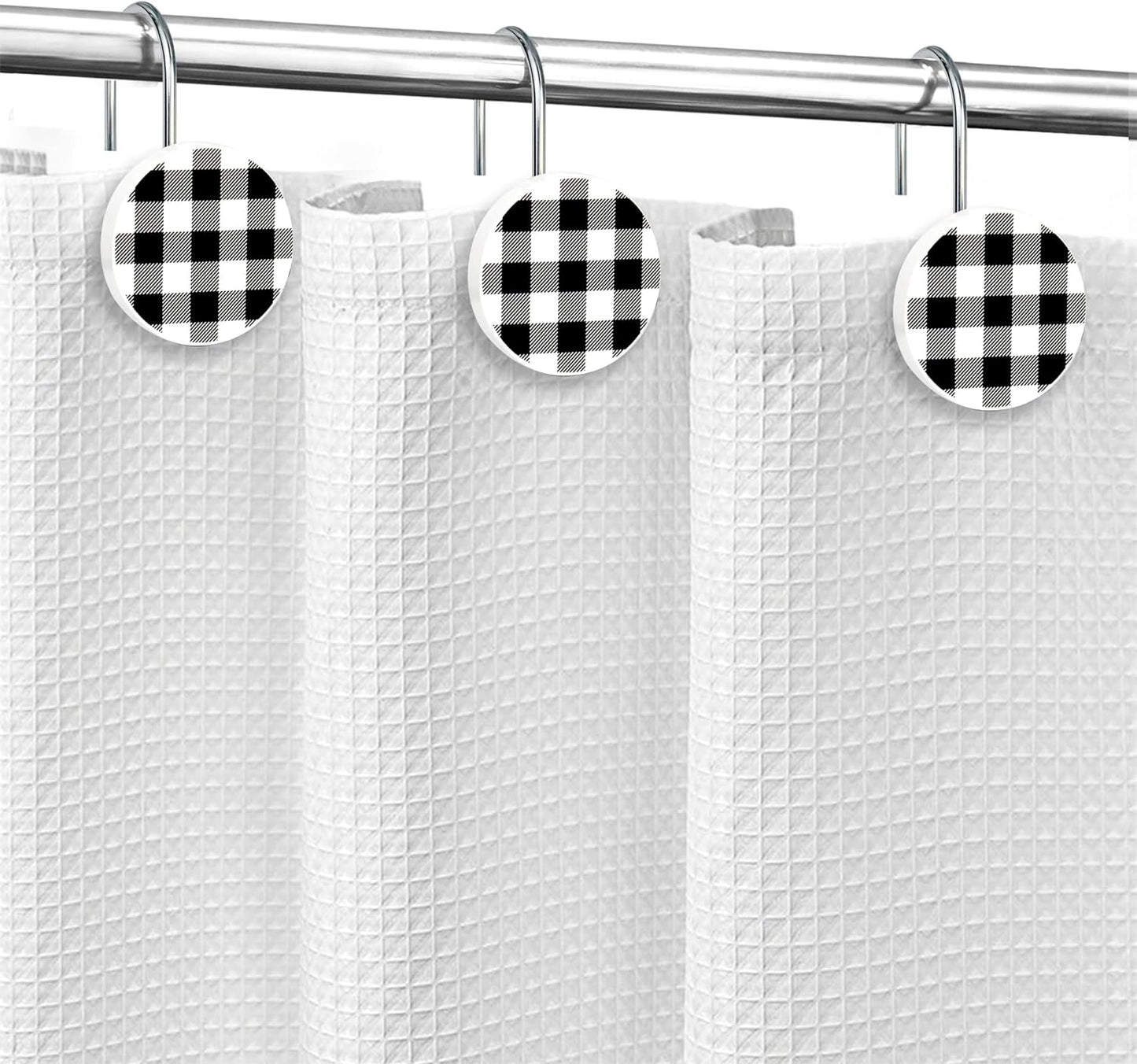 Christmas Decorative Shower Curtain Hooks, Plaid Buffalo Check Shower Curtain Rings, Xmas Classic Decor for Bathroom Home, Round Shower Curtain Hangers, Set of 12, White Black Red Green