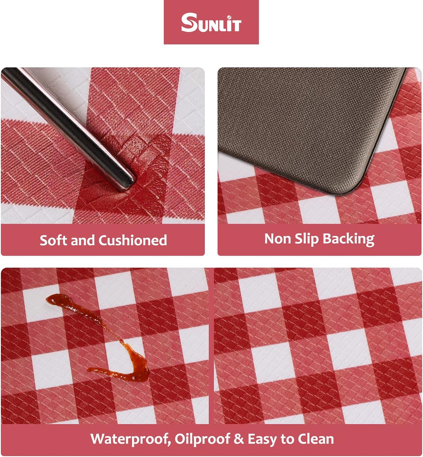 Sunlit Set of 2 Anti Fatigue Kitchen Floor Mat, Non Slip Waterproof Comfort Standing Mat, 0.4 Inch Thick Cushioned Farmhouse Kitchen Rug Runner, White Red Buffalo Check (17"x28"&17"x47")