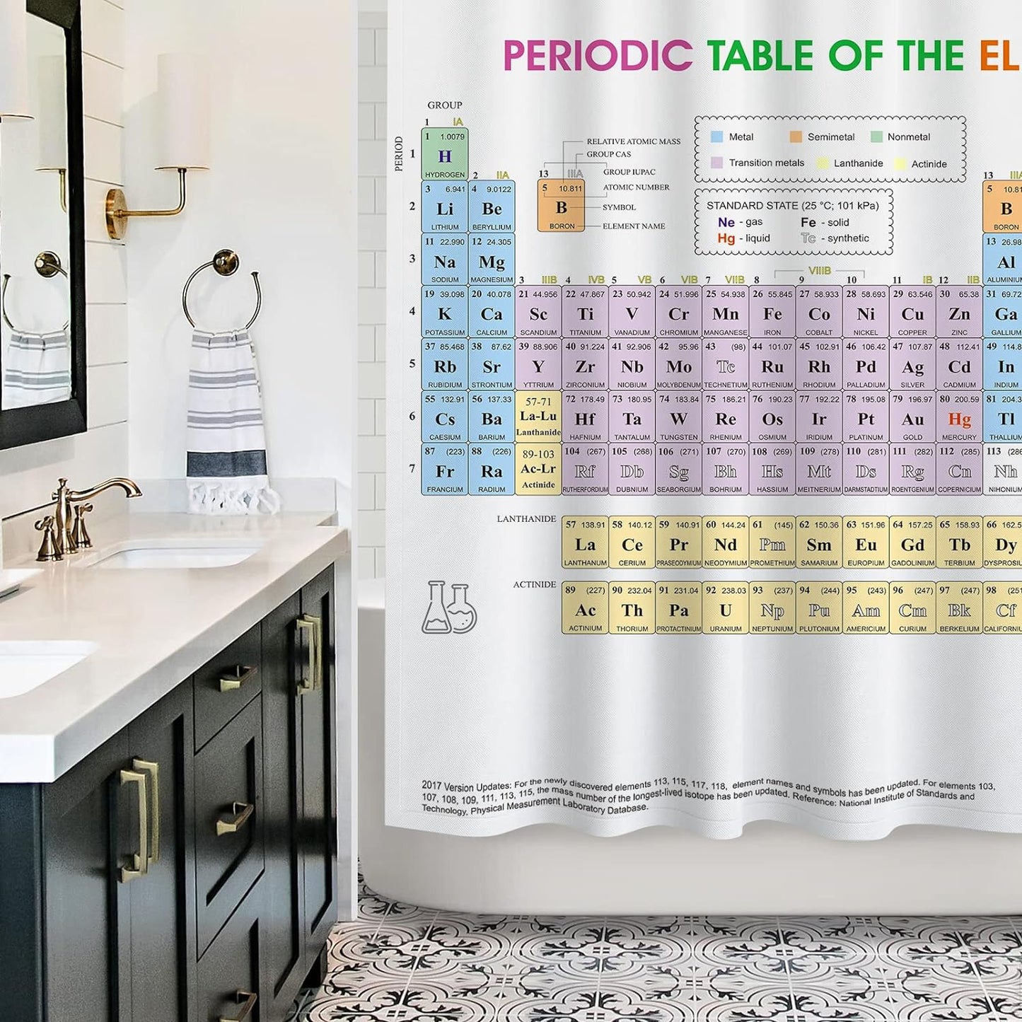 Updated Periodic Table of Elements Fabric Shower Curtains for Chemistry Students and Teacher Use as Poster.