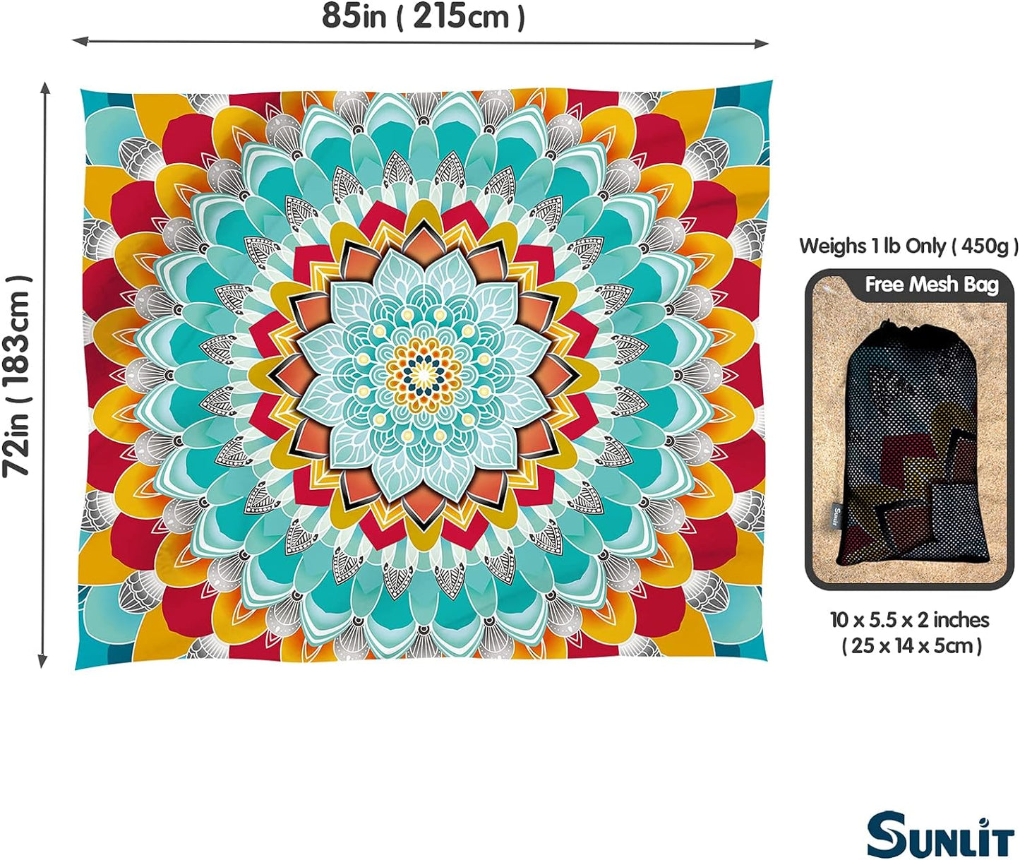 Sunlit Silky Soft 85"x72" Boho Sand Proof Beach Blanket Sand Proof Mat with Corner Pockets and Mesh Bag for Beach Party, Travel, Camping and Outdoor Music Festival, Peacock Blue Flower Mandala
