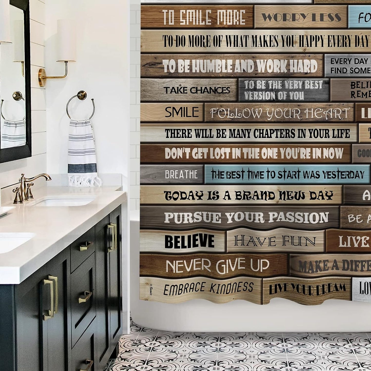 Sunlit Extra Long Inspirational Motivational Happiness Quotes for Courage Be Awesome Poster Print Rustic Cabin Shower Curtain Teak Closet Curtain Home Bathroom Decor Fabric Quote Tapestry