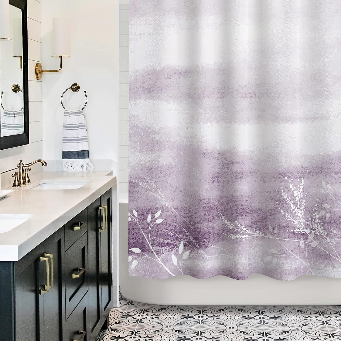 Sunlit Design Dreamy Shower Curtain, Flowering Vines in Pastel Cloud Fabric Shower Curtain with Purple Background, Bathroom Decoration Art Painting Shower Curtains, Purple, 71" x 71"