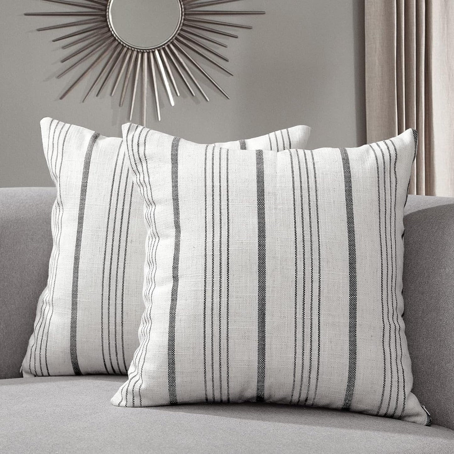 Sunlit Decorative Farmhouse Throw Pillow Case, Cover Only, Set of 2 Cream/Off-White with Charcoal Stripes Square Pillow Cover, 18" x 18", Textured Linen Throw Cushion Covers