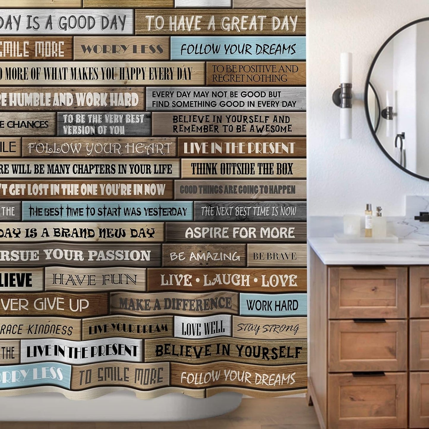 Sunlit Extra Long Inspirational Motivational Happiness Quotes for Courage Be Awesome Poster Print Rustic Cabin Shower Curtain Teak Closet Curtain Home Bathroom Decor Fabric Quote Tapestry