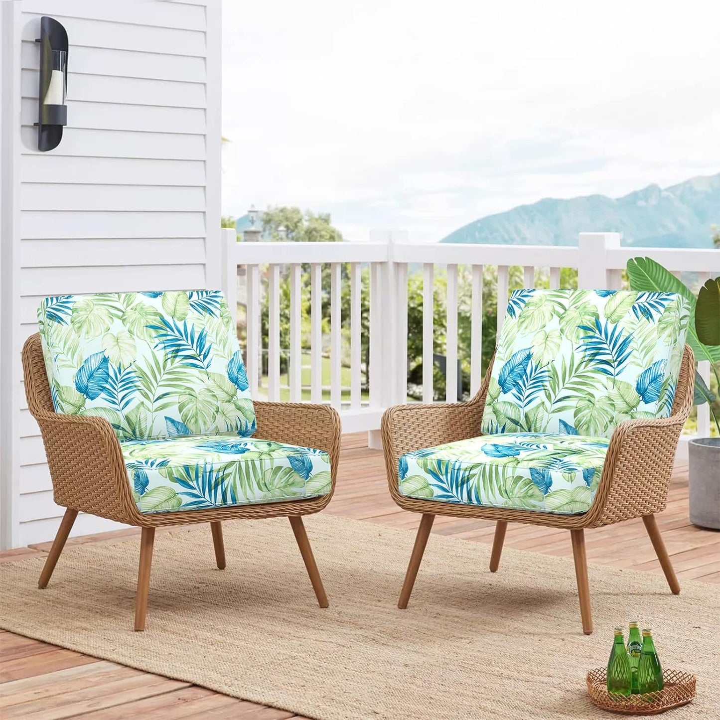 Sunlit Outdoor Cushion Covers, Replacement Cover Only, 4 Pack Water-Repellent Patio Chair Seat Slipcovers with Zipper and Tie, 20" x 18" x 4", Leaf, Blue Yellow