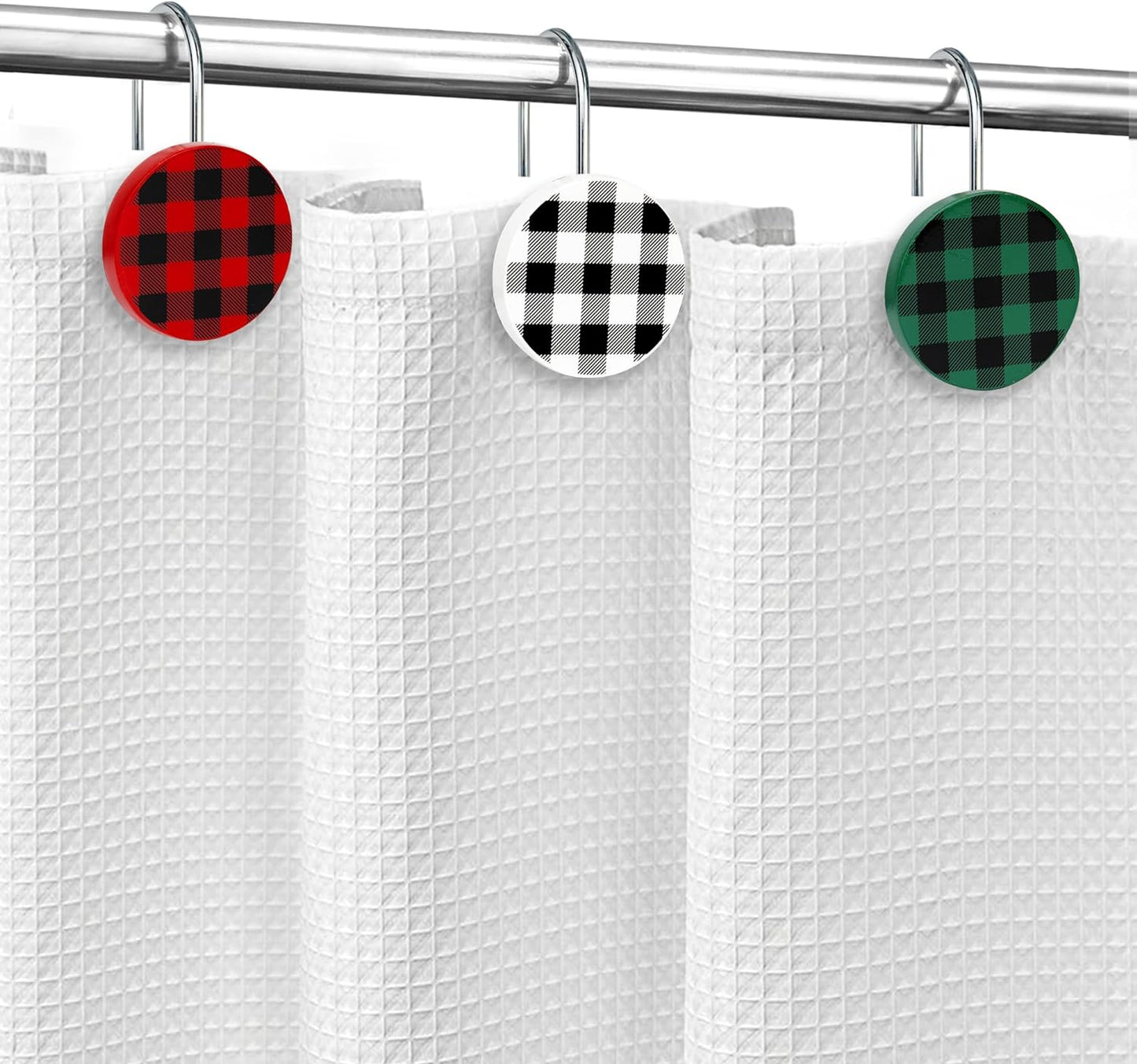 Christmas Decorative Shower Curtain Hooks, Plaid Buffalo Check Shower Curtain Rings, Xmas Classic Decor for Bathroom Home, Round Shower Curtain Hangers, Set of 12, White Black Red Green