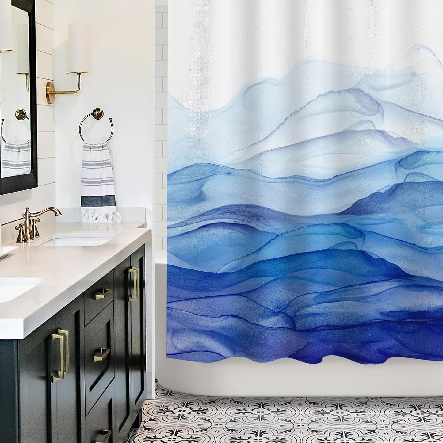 Ombre Blue Watercolor Textured Slubbed Fabric Shower Curtain, Abstract Ocean Wave Shower Curtains for Bathroom Decoration, 71x71