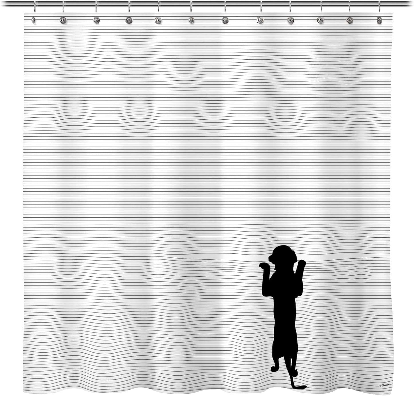 Sunlit Cute Black Dog Curious Cartoon Puppy with Black and White Stripes Fabric Shower Curtain for Kids Dog Lovers PVC-Free Bathroom Decor.