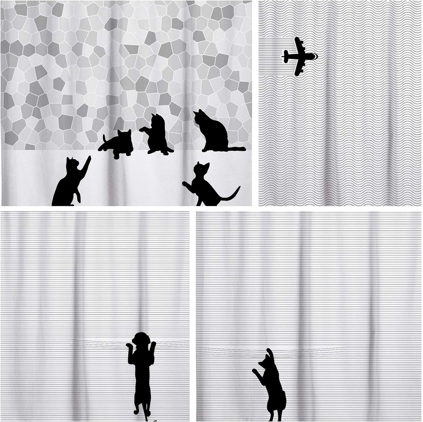 Sunlit Design Black Cat Silhouette and Gray Mosaic Fabric Shower Curtain. Grey and White
