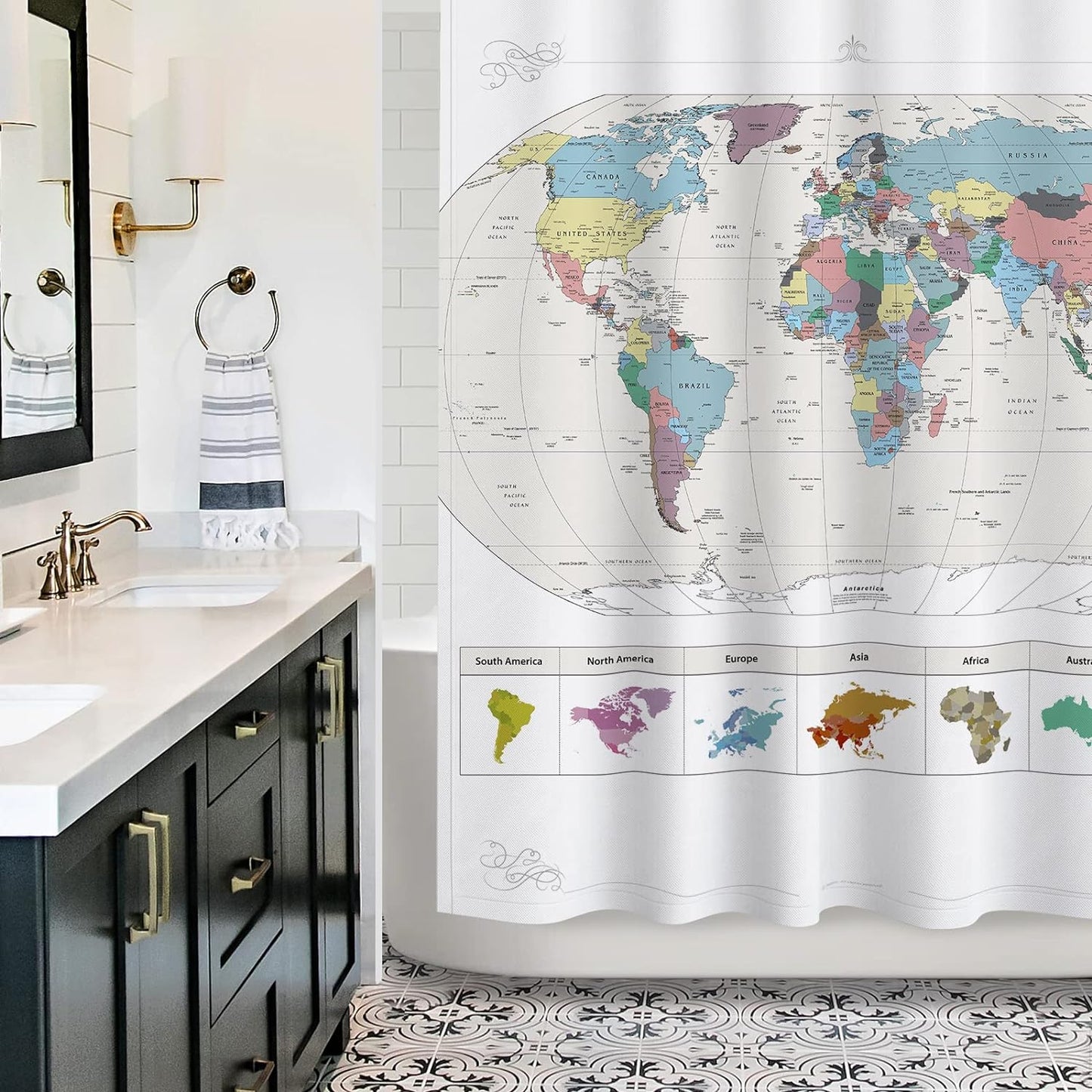 New! Map of The World with Detailed Major Cities. PVC Free, Non-Toxic and Odorless Water Repellent Fabric Shower Curtains - Large Home Decor Wall Map