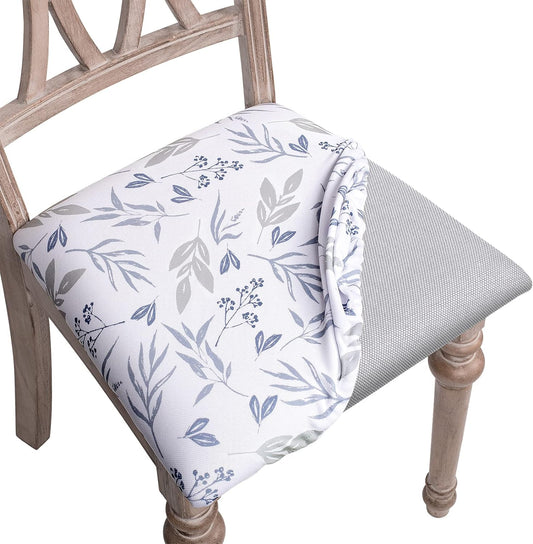 Sunlit Chair Covers for Dining Room, Stretch Printed Washable Chair Seat Covers Set of 4, Removable Upholstered Chair Seat Protector Cushion Slipcovers for Kitchen Office, Gray & Blue Leaf
