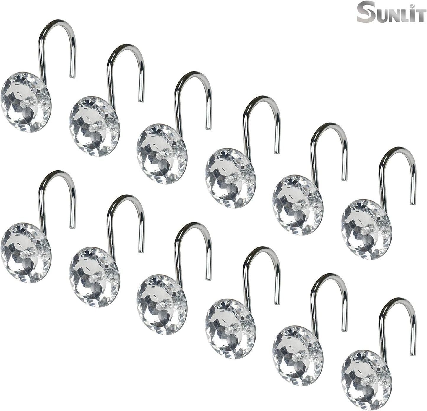 Sunlit Luxury Design Glitter Round Diamond Crystal Gem Bling Shower Curtain Hooks Rust Proof Oil Rubbed Metal Shower Curtain Rings - Rhinestones Clear Glam Shower Curtain Hooks - 12 Pack