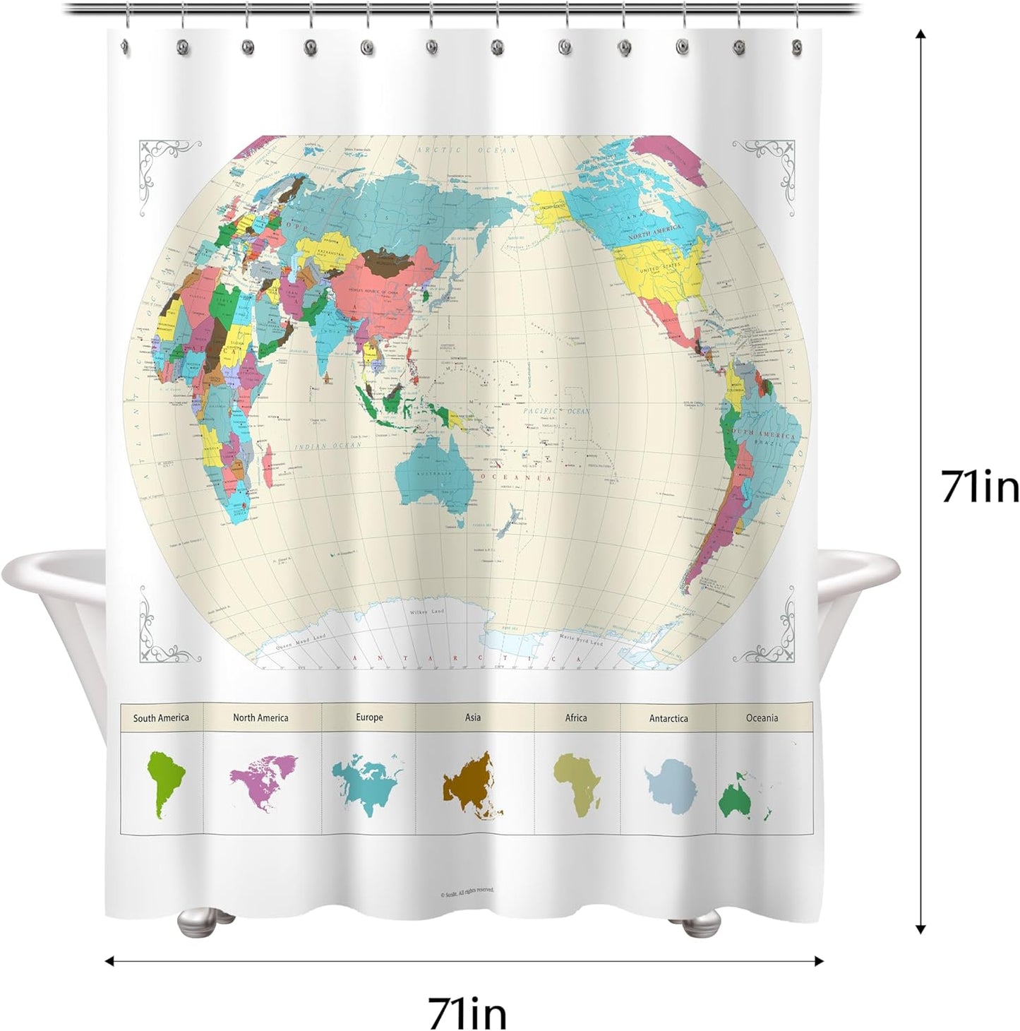 New! Map of The World with Detailed Major Cities. PVC Free, Non-Toxic and Odorless Water Repellent Fabric Shower Curtains - Large Home Decor Wall Map