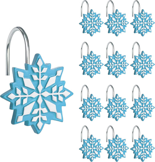 Sunlit Christmas Shower Curtain Hooks Snowflakes Shower Curtain Rings, Resin, Blue and White Christmas Decor, Winter Bathroom Decoration - 12 Pack