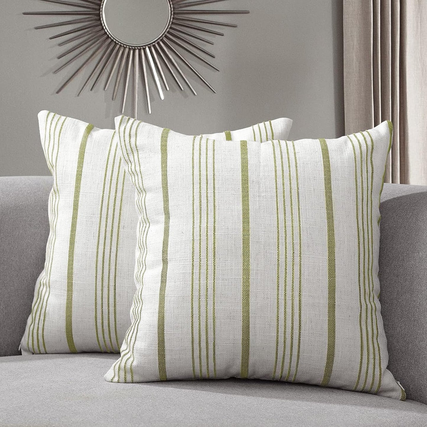 Sunlit Decorative Farmhouse Throw Pillow Case, Cover Only, Set of 2 Cream/Off-White with Charcoal Stripes Square Pillow Cover, 18" x 18", Textured Linen Throw Cushion Covers