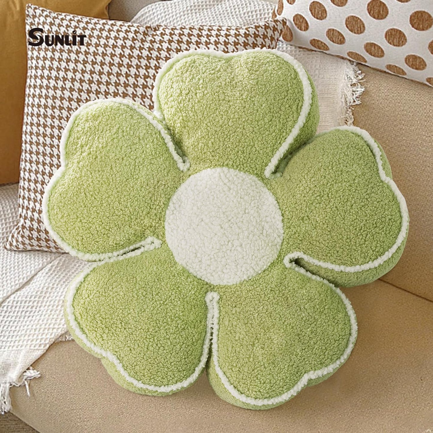 Sunlit 19.7" Flower Pillow, Floral Meditation Floor Pillow Seating Cushion, Plush Throw Pillow for Sitting on Floor Reading Lounging, Boucle Cushion for Bedroom Sofa Chair, Rose Green & White