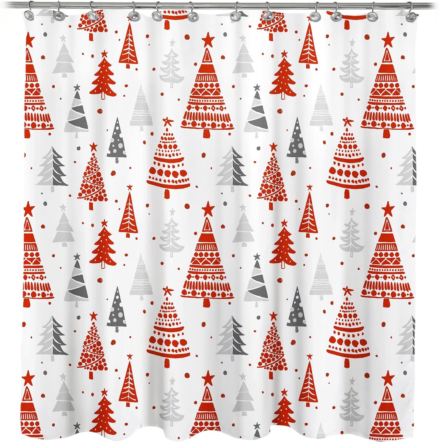 Christmas Shower Curtain, Red and Gray Xmas Trees with Stars and Snow Pattern Shower Curtain for Bathroom Decor, 71x71 Inch